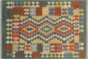 Flat Weave Kilim, Antique, Navaho, Vintage, Handmade, Geometric Kilim Blue Green Hand-Woven Rectangle 100% Wool Area Rug 3 x 4